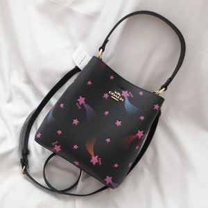 New COACH SMALL TOWN BUCKET BAG WITH DISCO STAR PRINT BLACK C7245 $398